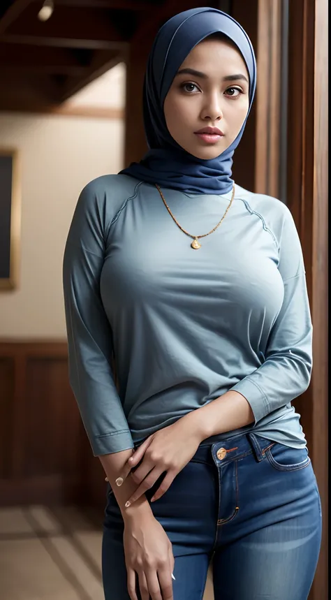 RAW, Best quality, high resolution, Masterpiece: 1.3), Beautiful Malay woman in hijab, Masterpiece, Perfect slim body, (Big breasts), Beautiful big eyes, Soft smile, Masterpiece:1.2, Best quality), Realistic, (Real picture, Intricate details, Depth of fiel...