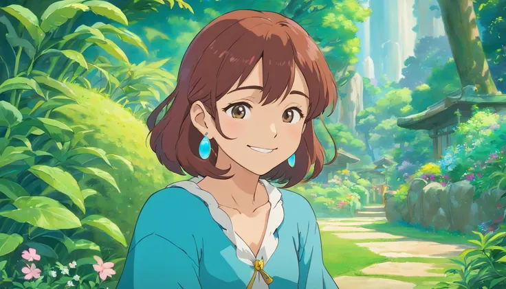 a depressed girl with a smile, a long necklace and earrings, in the style of tranquil gardenscapes, colorful animation stills, masami teraoka, aquamarine, paul gauguin, Embry style, honest portrayal