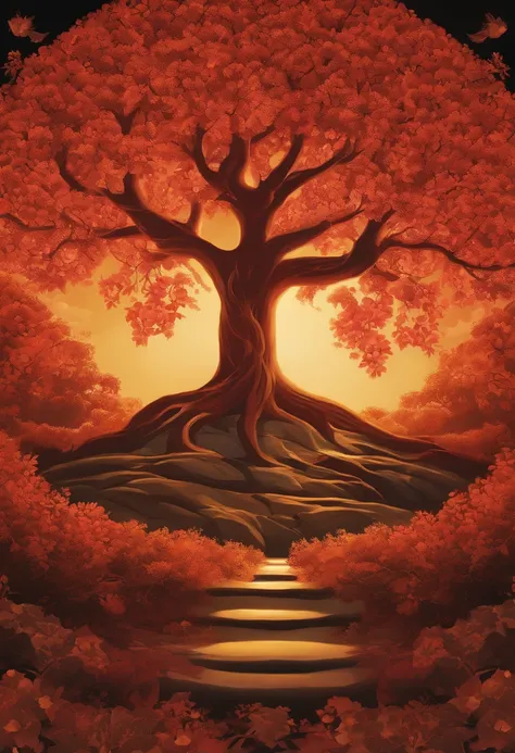 detail illustration of The Tree of Life, is the most important tree in the Garden of Eden, This tree has fruit that can give eternal life to those who eat it. depicts a large, shady tree, the fruit is shiny red and radiates shine, backlit, stylish, elegant...