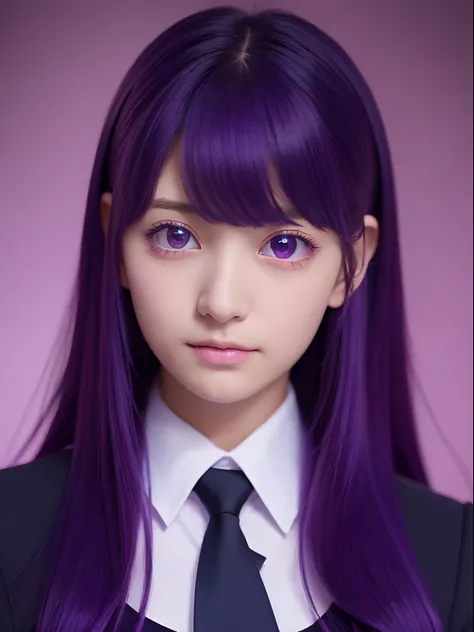 (Best Quality, masutepiece:1.2), 1 girl, Solo, purple hair,Eyes with beautiful details,(idol uniform),The upper part of the body,Black tie,Bangs,ear, long hair,