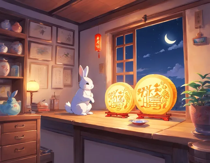 (pastelcolor:1.3)、(cute illustration:1.3)、(watercolor paiting:1.1),（A rabbit：1.4）, Leaning against the window, Look up at the moon, themoon；1.2，（（sweet osmanthus，Kongming Lantern，Meniscus，Moon cake：1.3）），Mid-Autumn Festival atmosphere：1.3，（Chinese kanji：1....