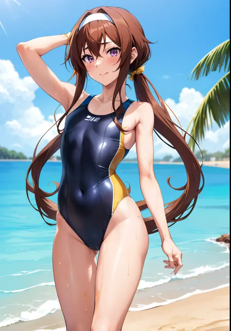 Anime boy in swimsuit, Long twin-tailed brown-haired boy, Boy with long two-sided brown hair, Boy with Purple Eyes, wearing a swimming wear, Swimsuit, Wet swimsuit, Seductive Anime Boy, garments:High-cut swimwear, Cool anime boy in black and yellow tanksui...