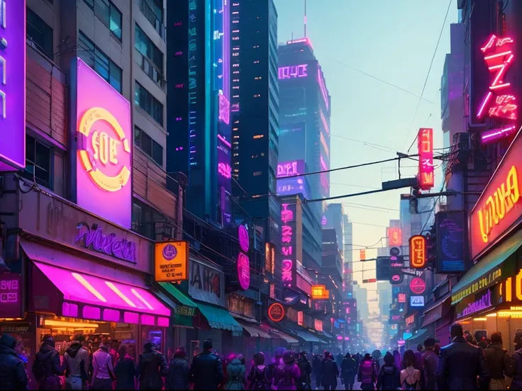 Bustling cyberpunk downtown streets，neon signs，PURPLE NEON MONITOR LIGHT，A lot of decadent people，Gaming，Prostitution，prostitution，