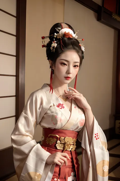 1girl, (upon body:1), (geisha hair:1.4,oiran hair ornament:1.4,single hairbun:1.4),necklace,intricate jewelry, long hair, earrings, highres, (incredibly absurdres:1.3),(extremely detailed cg unity 8k wallpaper:1.2),hair ribbon,(Beautiful face:1.2),detailed...