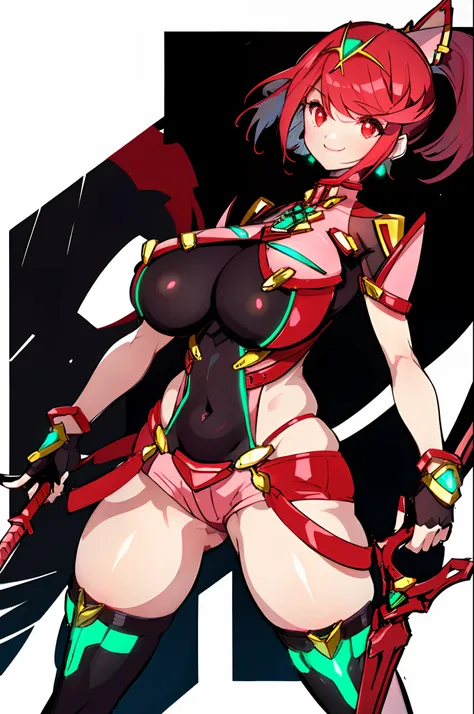 pyra (xenoblade), teen_1girl, loli, bangs, black gloves, breasts, red eyes, shout, earrings, eyelashes, fingerless gloves, floating hair, , gem, gloves, hair ornament, headpiece, jewelry, gigantic_breasts, leaning back, swimsuit, neon trim, official art, p...