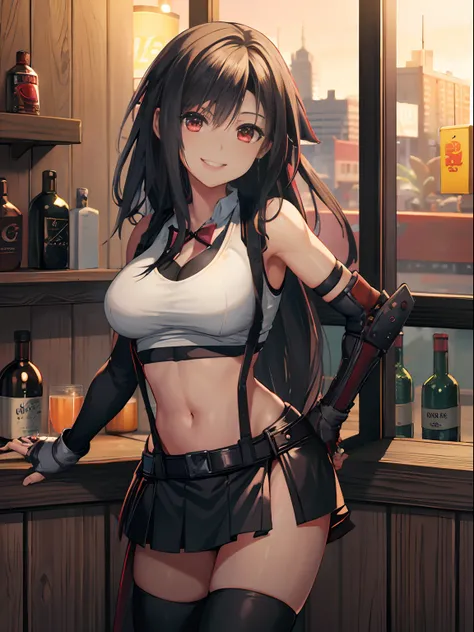 highres,best quality, official art, masterpiece, textile shading,8K,absurdres
,bar counter,tifa lockhart, red_eyes,grin, smile, cowboy shot ,black hair, long hair,black mini skirt, Tifa FF7