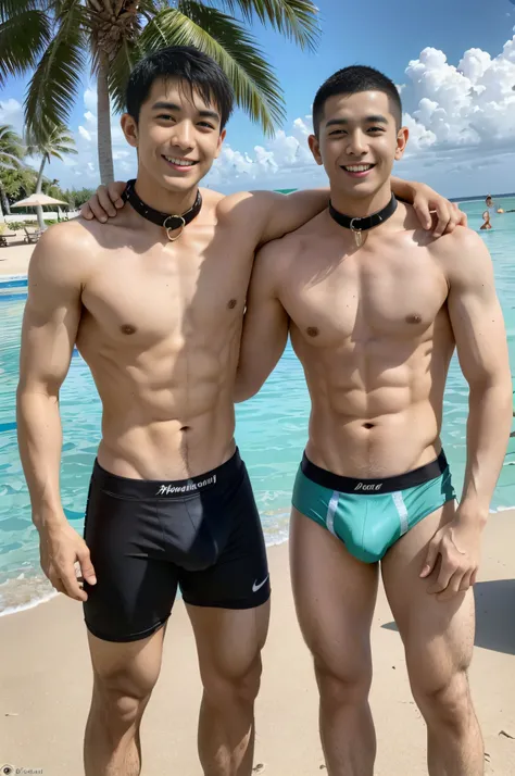 2boy, VPL, curving, navel, Full body shot, glimmering, (frontage), pool,short detailed hair，virile，inch hair，Collar，buzz cut，musculature，Briefs，Left and right structure，coconut palms，beachside，sandbeach，grin