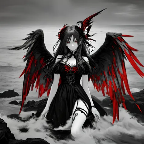 Black and white and red,(Best Quality, Ultra-detailed, High resolution, extremely details CG),Wide Shot,The dead angel stands on the edge of the cliff,She is so beautiful,very beautiful gray hair、the angels wings、up looking_Terrible,She likes blood and the...