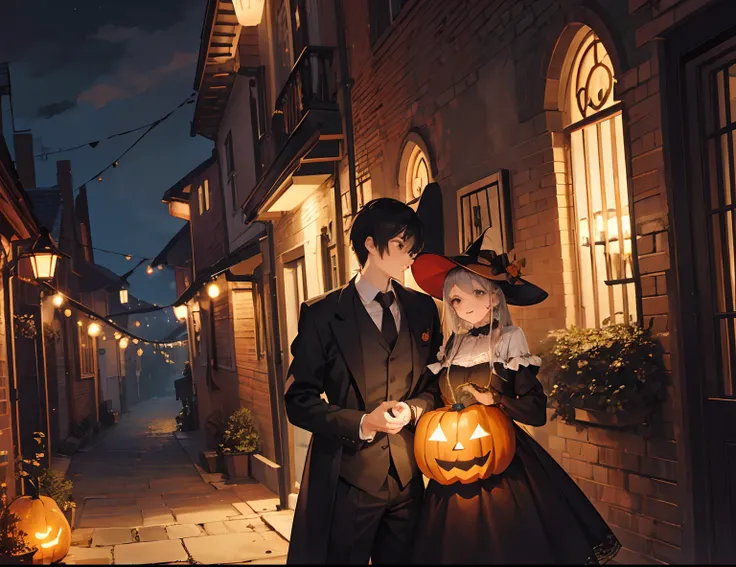 A couple during halloween, romantic atmosphere, happy atmosphere, landscape