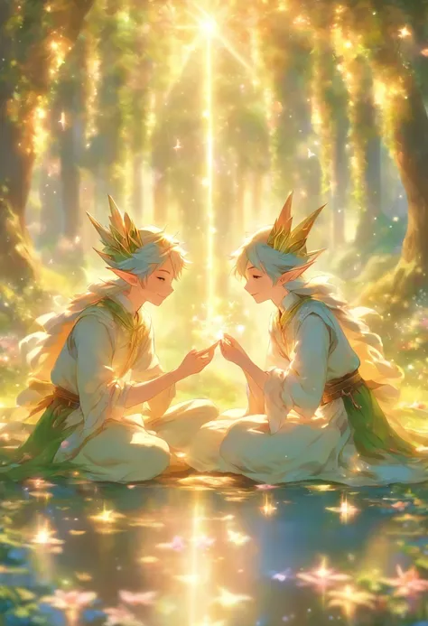 Anime Art Realistic Impressionism Classical Style Renaissance Tempera Two elves without hair ornaments lying down in different clothes and talking to each other With magic star dust around、Petals fluttering Ultra High Resolution Spotlight Prism Light In th...