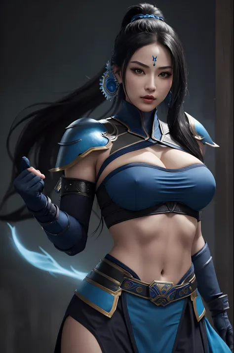 (masterpiece, top quality, best quality, official art, beautiful and aesthetic:1.2), (1girl:1.3), (fractal art:1.3), solo, Kitana from mortal kombat, Mortal Kombat video game, 
black headband, long hair, huge breasts, beautiful faces, face mask, asian lady...