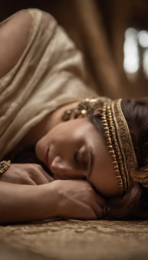 Uma mulher de cabelos castanhos sendo apedrejada. Ancient times, dressed at the time she is with her head down lying on the floor. ranha, Epoch of Alexander the Great