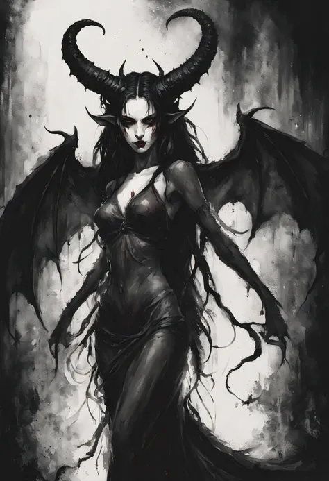 a painting of bloodthirsty succubus queen, bloody, monotone color, (wants to hug) (horror art), dread, beautiful and aesthetic, masterpiece