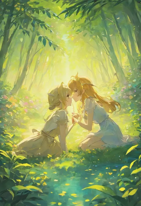 Anime Art Realism Impressionist Classical Style Renaissance Tempera Two Long-Haired Daughters Lying Down in Miniskirt Dresses and Talking To Each Other With Magic Stardust Around、Petals fluttering Ultra high resolution Fingertips do not contradict Spotligh...