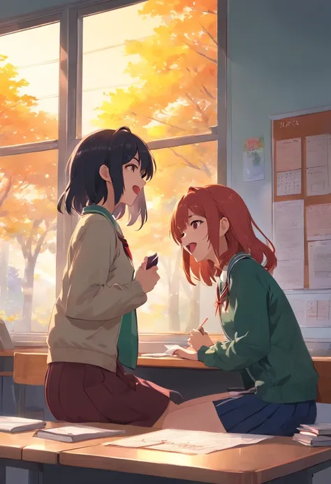 Two high school students，One is the long black and red hair of an anime girl sitting in a classroom in a school uniform，Sleep on the table，Next to it is a short black hair，Anime boy in school uniform，Two high school students had a stack of books in front o...