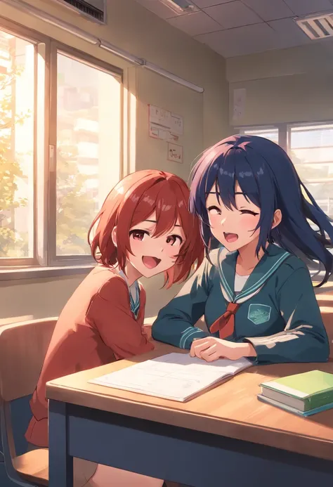 Two high school students，One is the long black and red hair of an anime girl sitting in a classroom in a school uniform，Sleep on the table，Next to it is a short black hair，Anime boy in school uniform，Two high school students had a stack of books in front o...