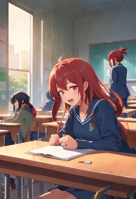 Two high school students，One is the long black and red hair of an anime girl sitting in a classroom in a school uniform，Sleep on the table，Next to it is a short black hair，Anime boy in school uniform，Two high school students had a stack of books in front o...