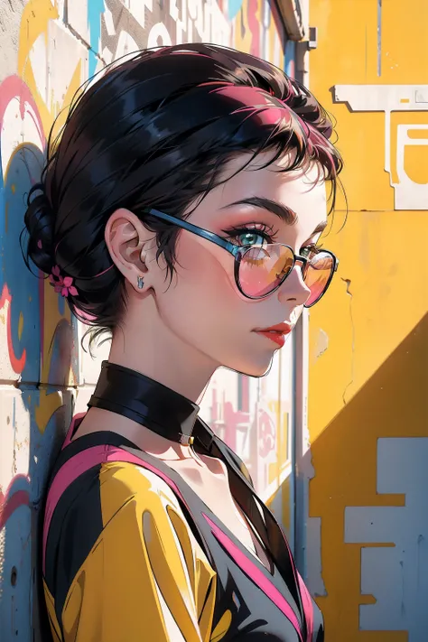 a colorful artwork of a Audrey Hepburn wearing sunglasses | romantic wall graffiti, close-up | dark pink and yellow | street murals --s 150