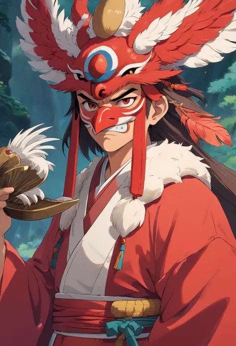 Japanese mythology, Create a Tengu, red mask, long nose, feather hats, 8k, ultra realism, cinematic