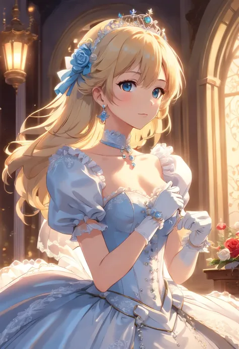 A stunningly beautiful blonde fairytale Princess shining with Royal Pomp and Regal Splendor, wearing a Stately and (((Elaborate))) Royal Cinderella Wedding Dress of Silver and White Brocade, with (((enormous puffed sleeves))) a stiffly boned, padded and co...