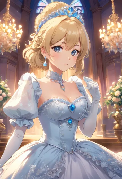 A stunningly beautiful blonde fairytale Princess shining with Royal Pomp and Regal Splendor, wearing a Stately and (((Elaborate))) Royal Cinderella Wedding Dress of Silver and White Brocade, with (((enormous puffed sleeves))) a stiffly boned, padded and co...