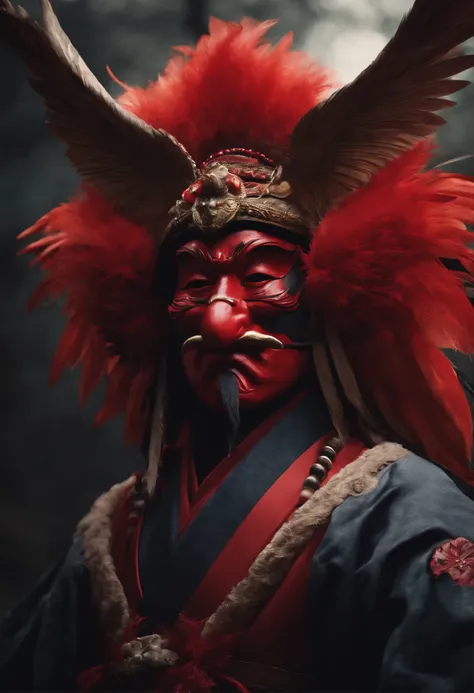 Japanese mythology, Create a Tengu, red mask, long nose, feather hats, 8k, ultra realism, cinematic