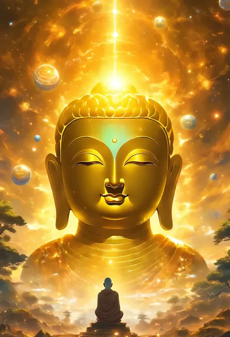 Giant transparent Buddha head looking at the yellow planet in the soil of space，glow effect，OC rendering