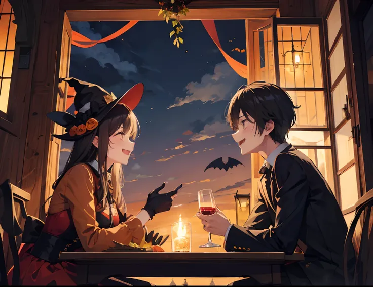 A couple during halloween, laugh, romantic atmosphere, happy atmosphere, landscape