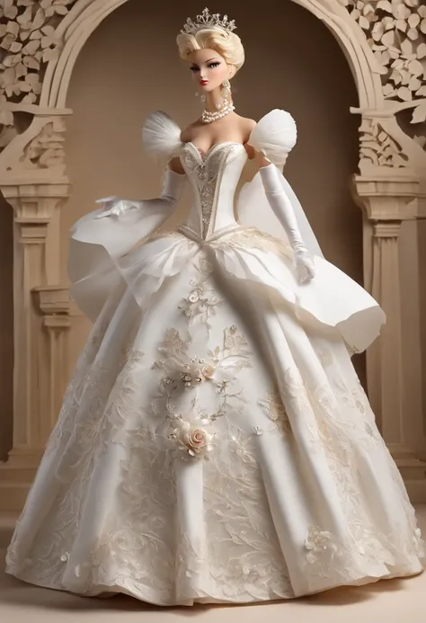 A stunningly beautiful blonde fairytale Princess shining with Royal Pomp and Regal Splendor, wearing a Stately and (((Elaborate))) Royal Cinderella Wedding Dress of Silver and White Brocade, with (((enormous puffed sleeves))) a stiffly boned, padded and co...