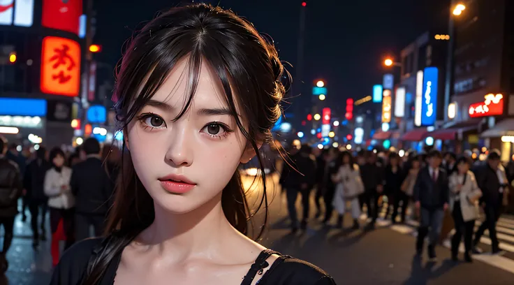 1girl, Tokyo street,night, cityscape,city lights, upper body,close-up, 8k, RAW photo, best quality, masterpiece,realistic, photo-realistic,