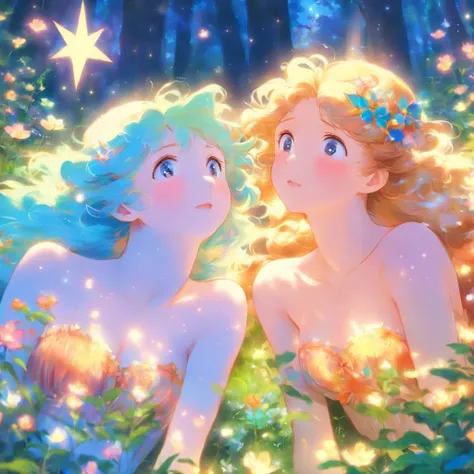 Anime Art Realistic Impressionist Classical Style Renaissance Tempera Two long-haired maidens lying in underwear and staring at each other and talking Magic star litter around、Petals fluttering Ultra High Resolution Snap Spotlight Prism Light In a flower g...