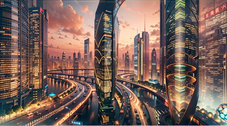 Enter a fascinating vision of the future through the fascinating futuristic images of Di Chongqing. The towering giant skyscraper is decorated with gold ornaments and a smooth glass curtain wall，pierce the sky, The vibrant lights of the city that never sle...