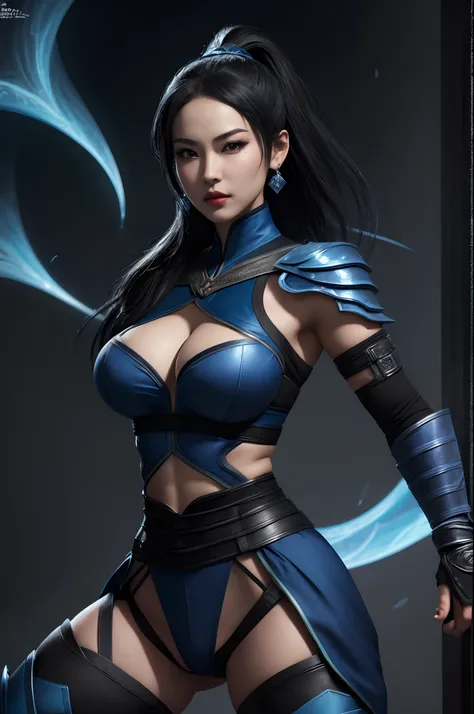 (masterpiece, top quality, best quality, official art, beautiful and aesthetic:1.2), (1girl:1.3), (fractal art:1.3), solo, Kitana from mortal kombat, Mortal Kombat video game, 
black headband, long hair, huge breasts, beautiful faces, face mask, asian lady...