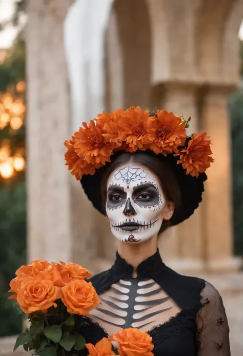 Artistic close-up photography of a beautiful woman characterized as a catrina, skeleton makeup for a Day of the Dead parade, incorporating elements of traditional Mexican art and modern design, elegant black catrina dress with orange floral elements, in th...