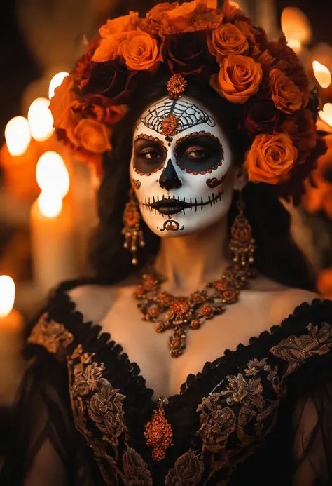 Artistic close-up photography of a beautiful woman characterized as a catrina, skeleton makeup for a Day of the Dead parade, incorporating elements of traditional Mexican art and modern design, elegant black catrina dress with orange floral elements, in th...