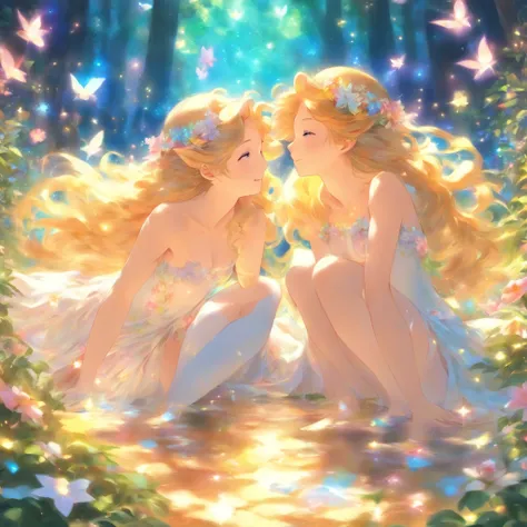 Anime Art Realistic Impressionist Classical Style Renaissance Tempera Two long-haired maidens lying in underwear and staring at each other and talking Magic star litter around、Petals fluttering Ultra High Resolution Bust Up Spotlight Prism Light In the flo...