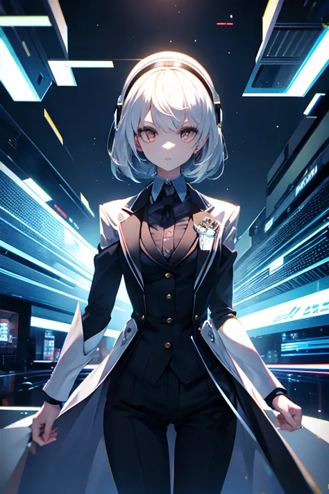 Girl, three piece suit, robot, strange eyes, geometric head