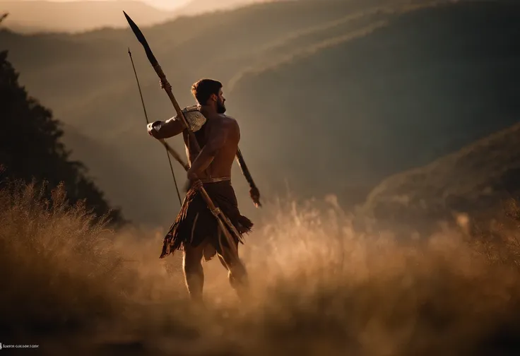 a scene of a young Spartan reaching and being left in the wild with only a spear, capturing the essence of their survival and warrior training, award winning studio photography, professional color grading, soft shadows, no contrast, clean sharp focus, film...