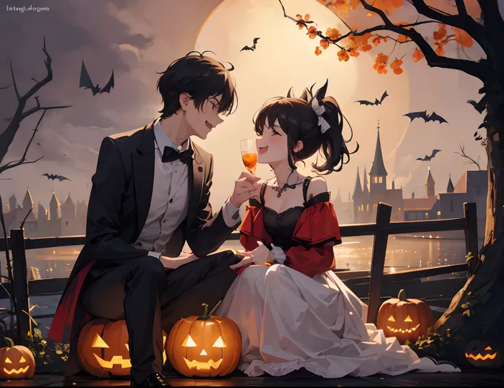 A couple during halloween, laugh, romantic atmosphere, happy atmosphere, landscape