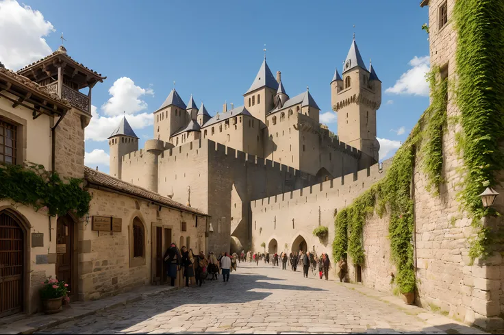 best quality,ultra-detailed,realistic,medieval city walls of Carcassonne,stone architecture,historical,impressive towers,ancient gates,narrow streets,bustling market,local vendors,traditional craftsmanship,vibrant colors,people in medieval clothing,flouris...