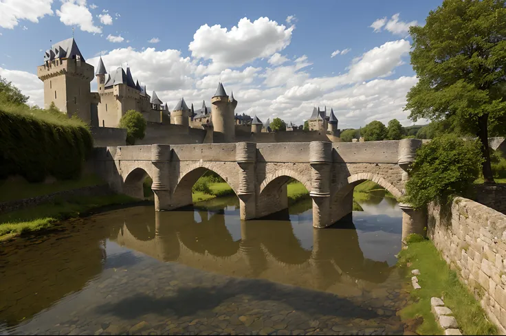 stone bridge over a small river in front of a castle, carcassonne, cloissonne, medieval french landscape, a medieval citadel, a medieval castle, medieval, medieval architecture, rennes - le - chateau, cloicsonne, castle towers, battlements, medieval style,...