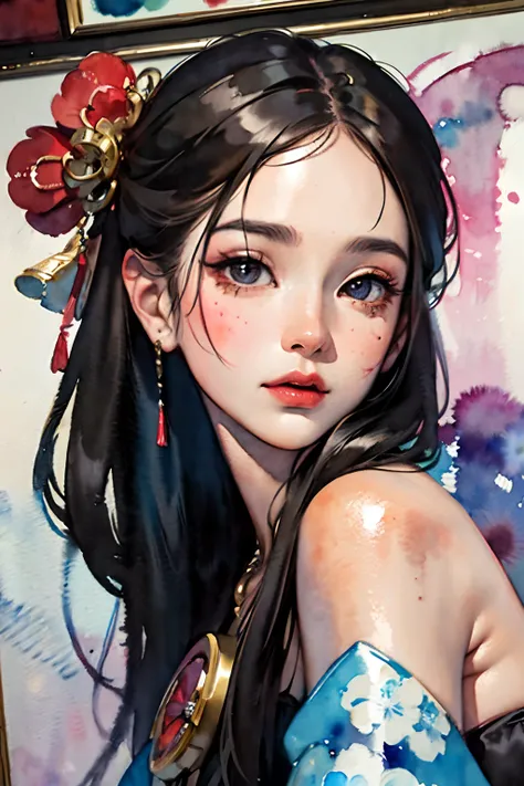 (masterpiece:1.2, best quality), (very detailed face, real picture, realistic skin, realistic body, intricate details), solo, 1milf, casual,ukiyo-e, (Watercolor:1.3), Oiran,