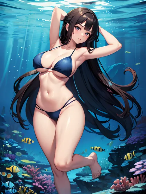 Woman under the sea, brown eyes, detailed eyes, long black hair, seductive pose, seductive face, cleavage, arms lifted up behind the Head, blue bikini, full body, first-person view, wide shot, wide-angle, masterpiece, high details, best quality, HD, realis...