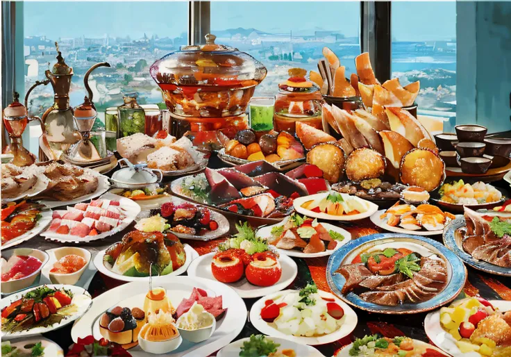 There was a lot of food on the table in Arafeld，You can see the city, the table is full of food, overflowing feast buffet table, Breakfast buffet, Delicious food, high constrast, turkey, food, genzoman, mediterranean, mixture turkish and russian, Far view,...