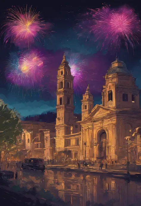 pueblo, gente de fondo con bastones, fondo muy detallado, cara guapa, obra maestra, calidad ultra, fuegos artificiales, pueblo, fiestas, Castellón de la Plana, pueblo rural de fondo, catedral de fondo, gente bailando de fondo, Cartel A2, estilo realista, g...