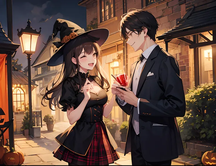 A couple during halloween, laugh, romantic atmosphere, happy atmosphere, landscape