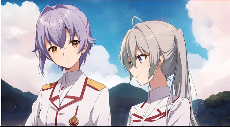 Anime image of two girls in uniform standing side by side, two anime handsome men, still from tv anime, Todays featured anime stills, Kantai collection style, screenshot from a 2012s anime, in style of kyoto animation, animated still, screenshot from the a...