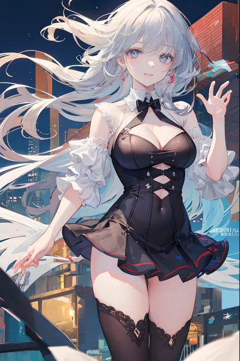 ((A beautiful and cute woman is standing on the terrace)), ((22-year-old beauty)), ((charming smile)), ((her long hair is blowing in the wind)), ((her miniskirt is Its waving in the wind)), (( You can see the cleavage of her plump bust from the blouse)), (...