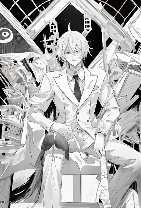 anime - style drawing of a man in a suit sitting on a throne, black and white manga style, monochrome artwork!!, shigenori soejima illustration, black and white manga, detailed key anime art, dapper dream demon, high detailed official artwork, official ani...