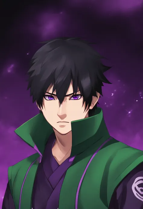 Naruto style, Young handsome guy, short black hair, purple eyes, violet eyes, black straight short hair, Naruto Green Uniform Vest, ninja